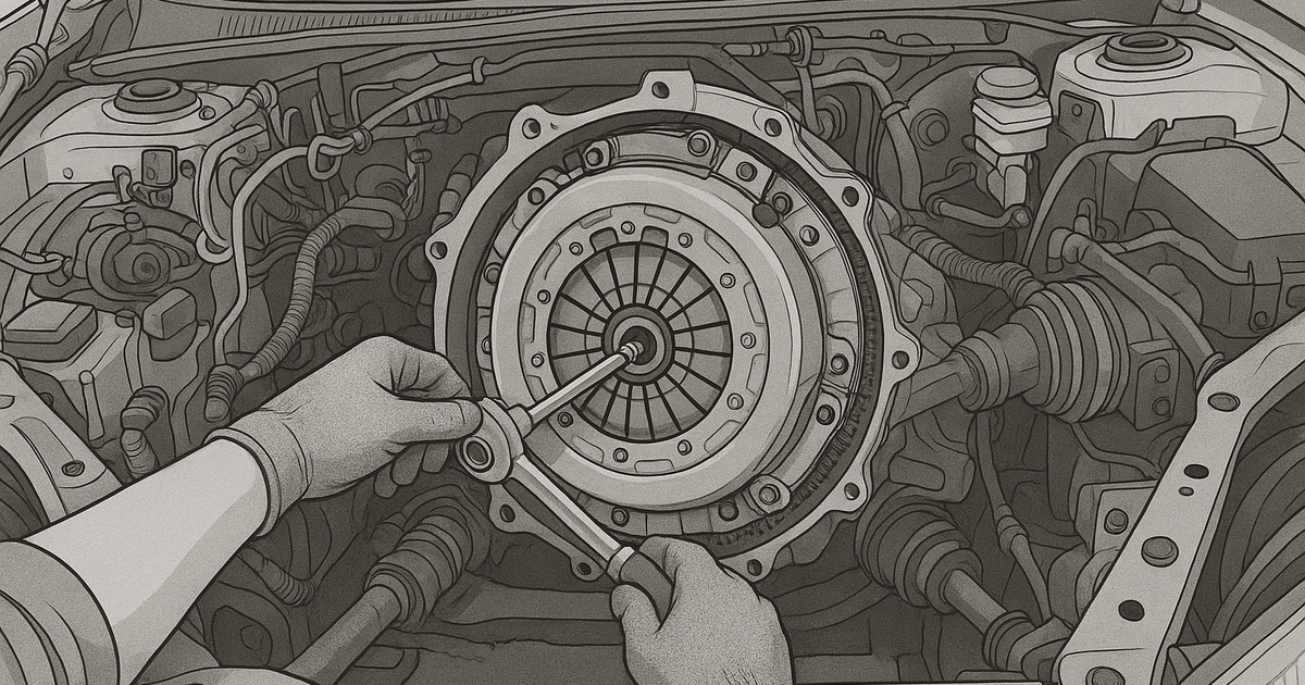 Техническая иллюстрация двигателя с подробностями, руководство по ремонту сцепления.